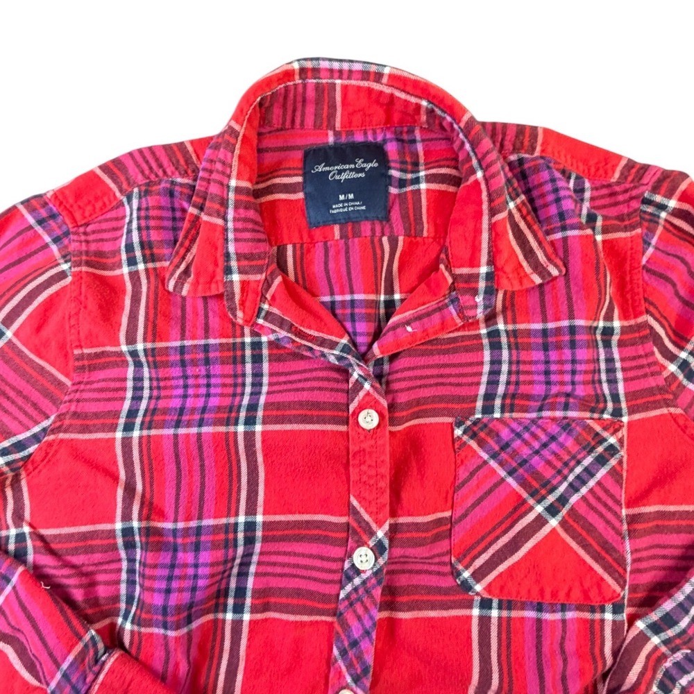 American Eagle Outfitters Red Pink Plaid Flannel Button Down Shirt Womens Med K1